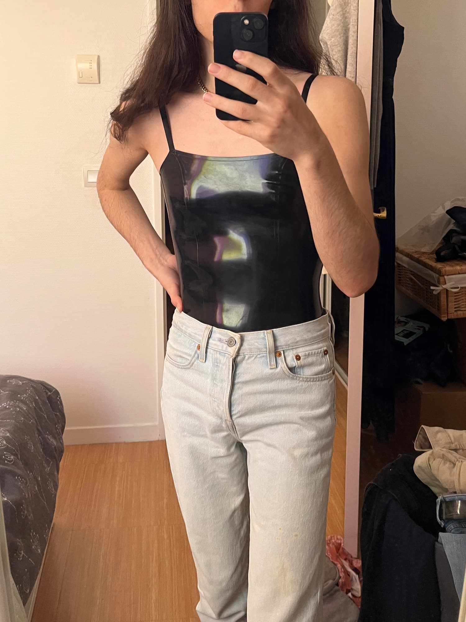 me with loose jeans and tight latex top