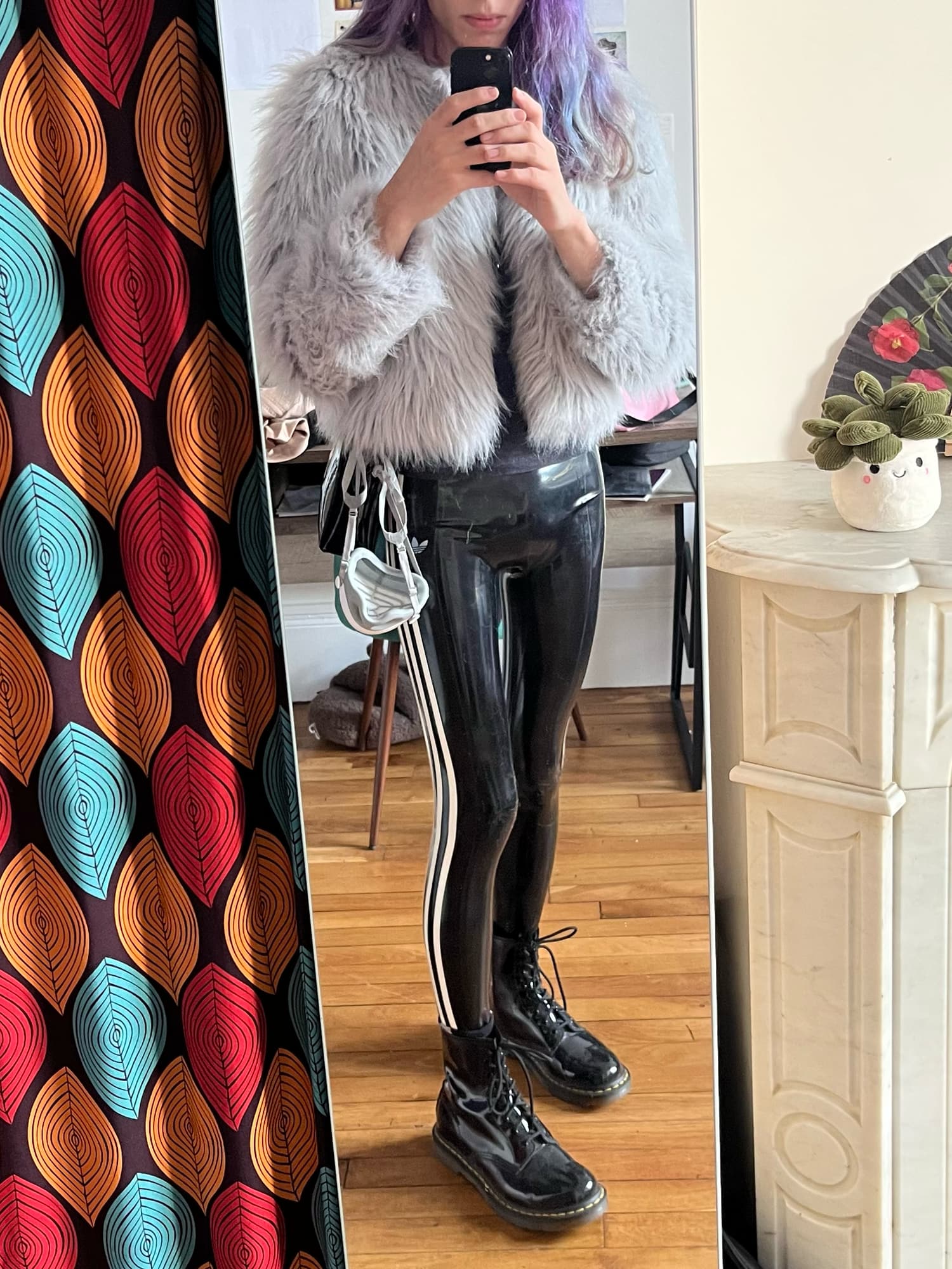 me with faux-fur coat and adidas latex tights