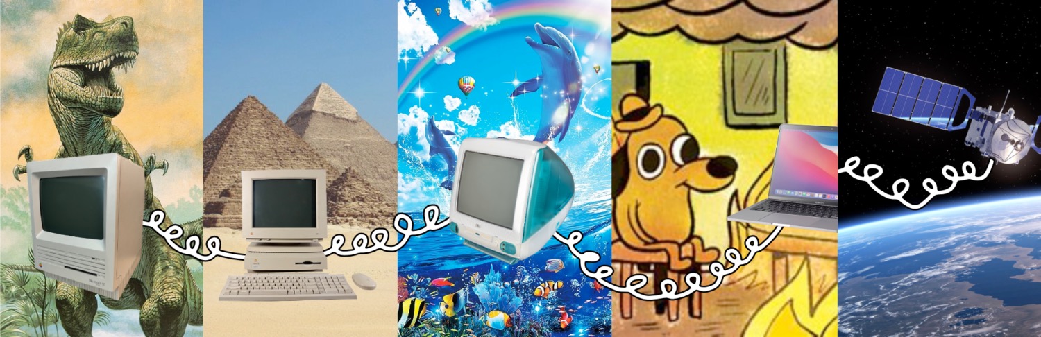 Bannière représentant des ordinateurs sous différentes époques de la Terre : les dinosaures, les pyramides, celle des dauphins qui dansent, celle de this is fine avec l'incendie et le satellite qui relie tous les ordinateurs