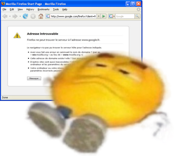 Un émoji allongé sur le sol à côté d'une fenêtre « serveur introuvable » géante