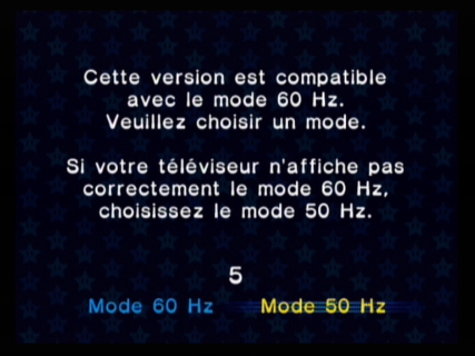 Capture d'écran d'une console Gamecube qui affiche le texte suivant : Cette version est compatible avec le mode 60 Hz. Veuillez choisir un mode. Si votre téléviseur n'affiche pas correctement le mode 60 Hz. choisissez le mode 50 Hz.